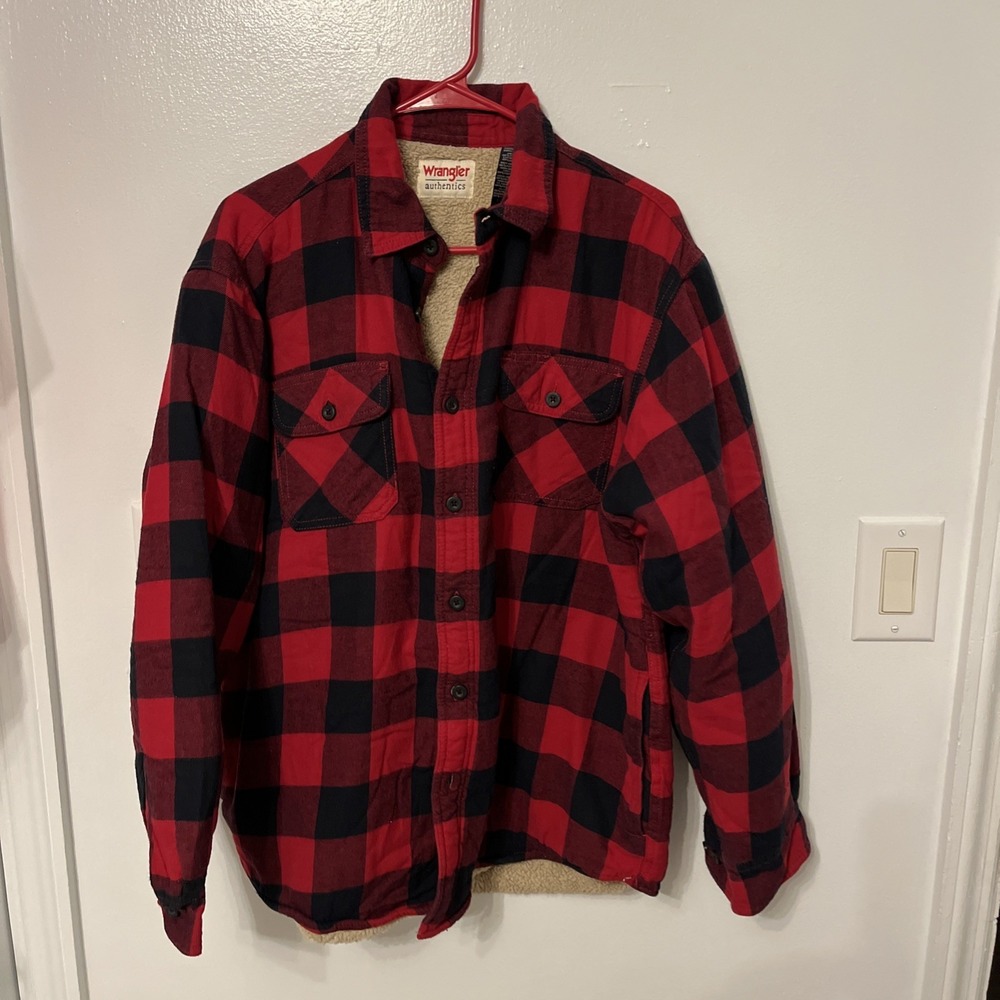 Wrangler Authentics Men's Large Sherpa Lined Flannel Shirt Jacket Red Plaid